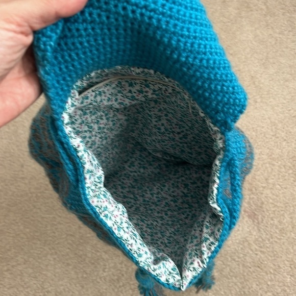 Crochet Backpack  Blue Gray Handmade Butterfly Accent Drawstring Bag Vintage‎ - Picture 4 of 8